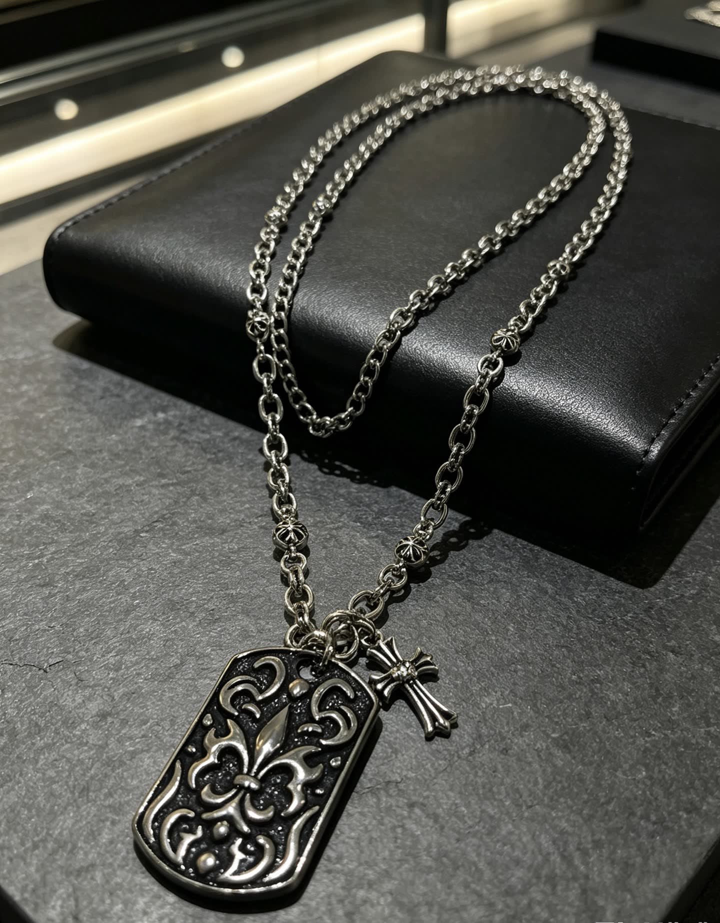 Chrome Hearts Silver Fleur-de-lis Dog Tag Necklace